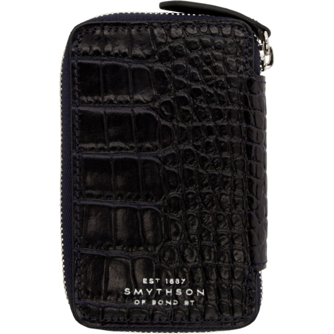 Smythson Navy Croc Mara Zip-around Key Holder