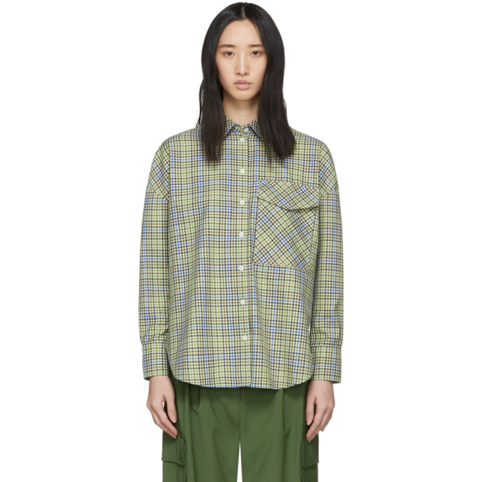 TIBI TIBI GREEN AND BEIGE RECYCLED CHECK RELAXED UTILITY SHIRT