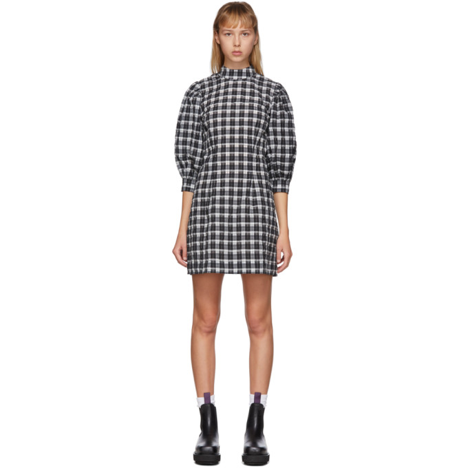 GANNI GANNI BLACK AND WHITE SEERSUCKER CHECK MINI DRESS