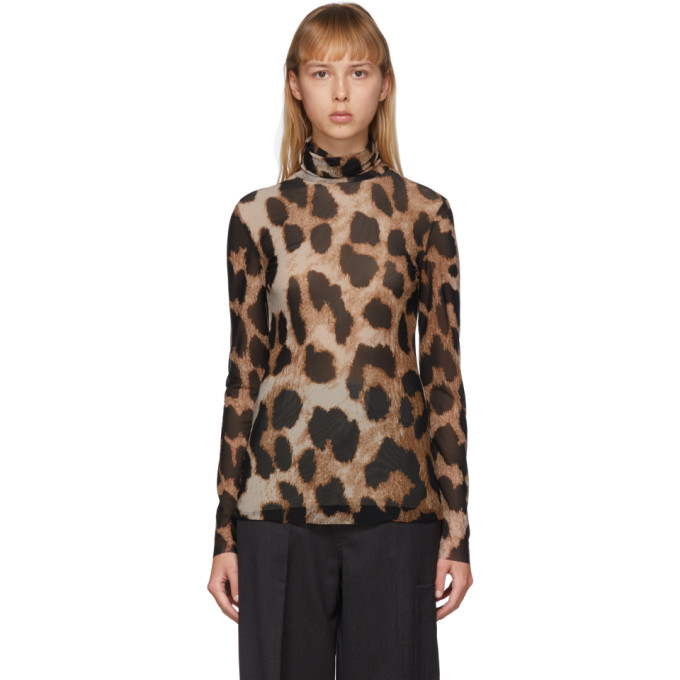 GANNI GANNI BROWN AND BEIGE MESH LEOPARD TURTLENECK