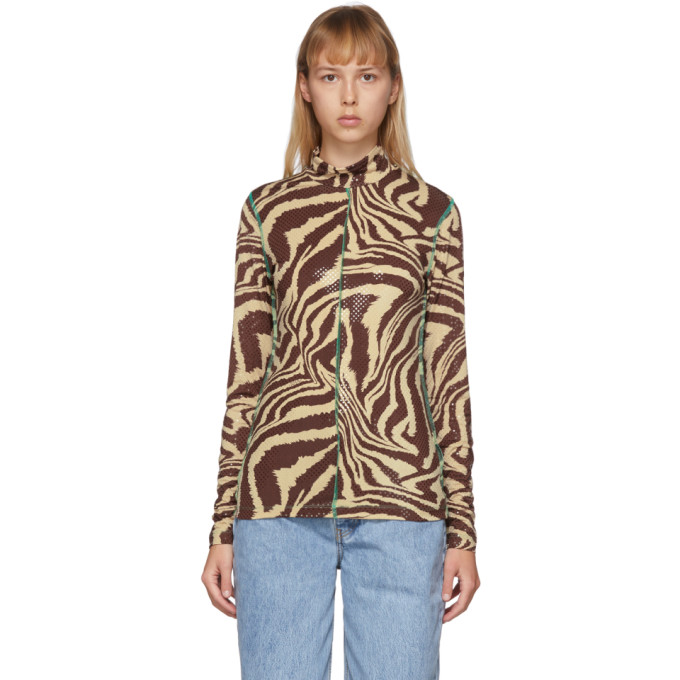 GANNI GANNI BROWN FOIL JERSEY ANIMAL PRINT TURTLENECK