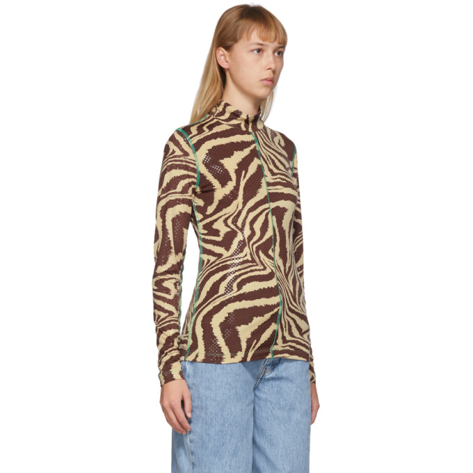 GANNI GANNI BROWN FOIL JERSEY ANIMAL PRINT TURTLENECK