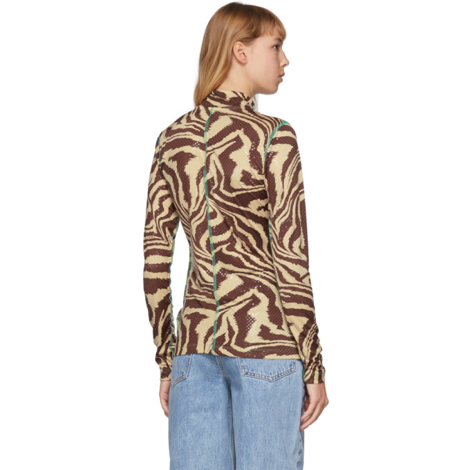 GANNI GANNI BROWN FOIL JERSEY ANIMAL PRINT TURTLENECK