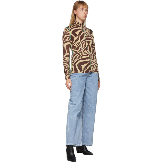 GANNI GANNI BROWN FOIL JERSEY ANIMAL PRINT TURTLENECK