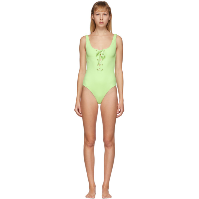 GANNI GANNI GREEN TEXTURED TIE FRONT ONE-PIECE SWIMSUIT