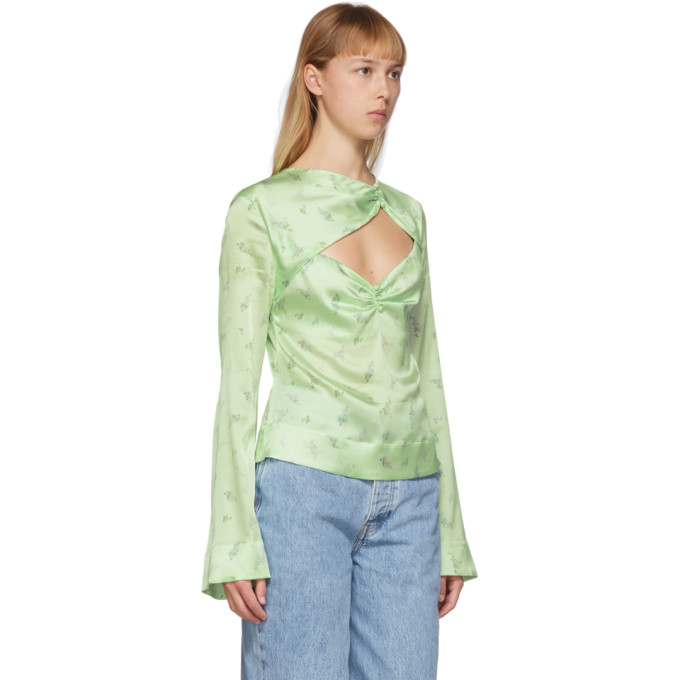 GANNI GANNI GREEN SILK FLORAL BLOUSE