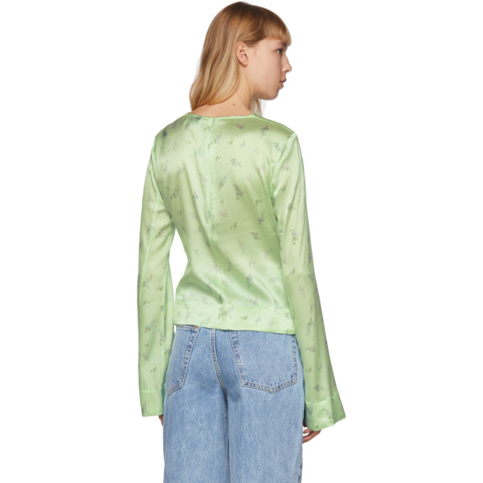 GANNI GANNI GREEN SILK FLORAL BLOUSE