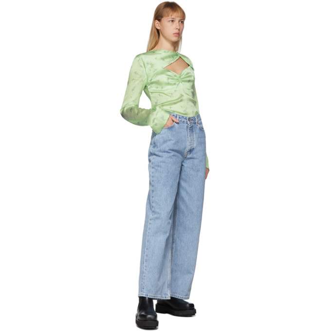 GANNI GANNI GREEN SILK FLORAL BLOUSE