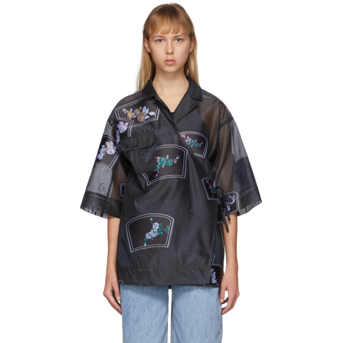 GANNI GANNI BLACK ORGANZA OVERSIZED PATCH SHIRT
