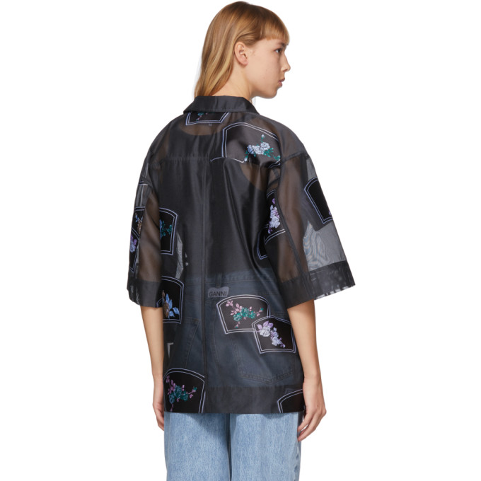 GANNI GANNI BLACK ORGANZA OVERSIZED PATCH SHIRT