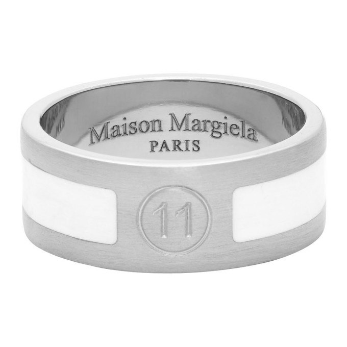 Maison Margiela Silver And White Enameled Logo Ring In 962 Silwht