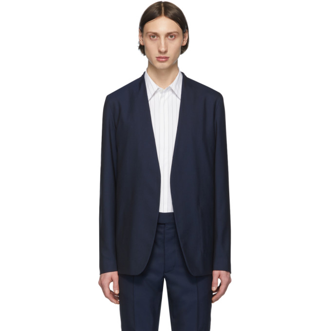 Navy Blue Collarless Long-Sleeve Jacket Blazer