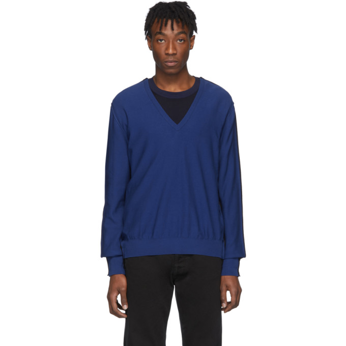 MAISON MARGIELA MAISON MARGIELA NAVY SPLICED V-NECK SWEATER