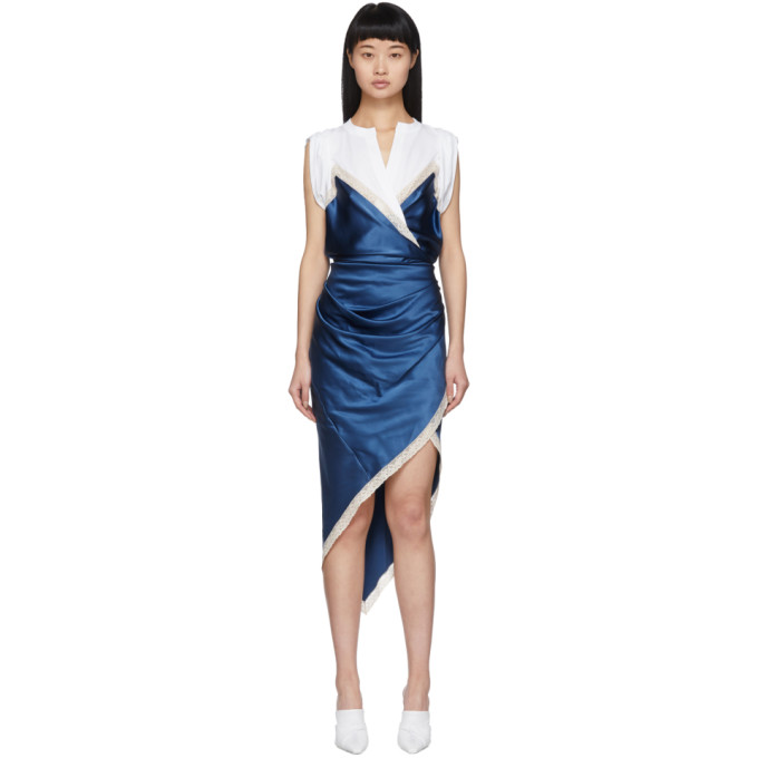 ALEXANDER WANG ALEXANDER WANG WHITE AND BLUE SILK DRAPED SLIP DRESS