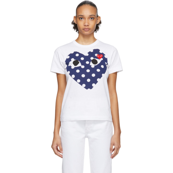 Comme des Garcons Play White and Navy Polka Dot Big Heart T-Shirt