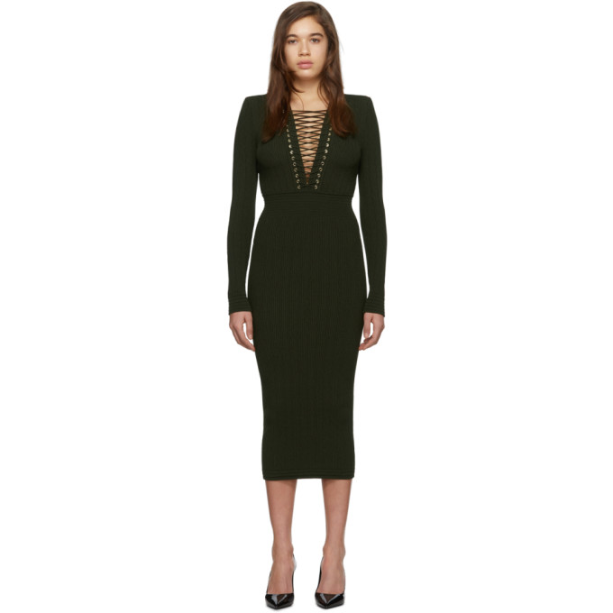 BALMAIN BALMAIN KHAKI LACE-UP V-NECK MIDI DRESS