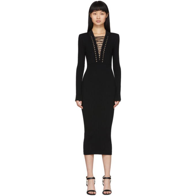 BALMAIN BALMAIN BLACK LACE-UP V-NECK MIDI DRESS