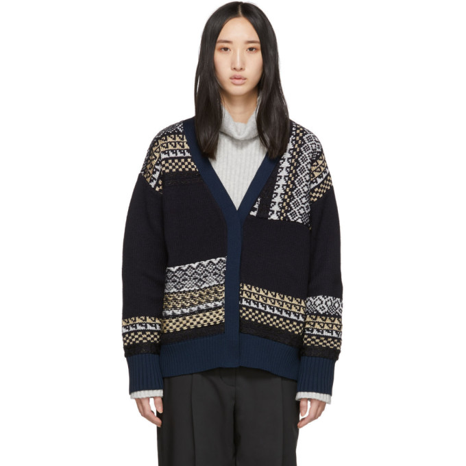 31 Phillip Lim Navy Merino Series Fairisle Patchwork Holiday Cardigan