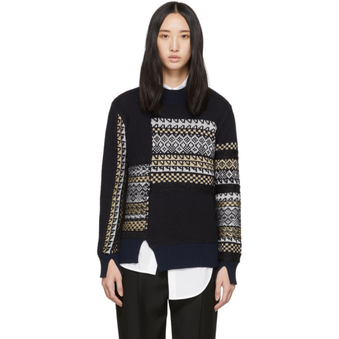 31 Phillip Lim Navy Merino Series Patchwork Holiday Sweater