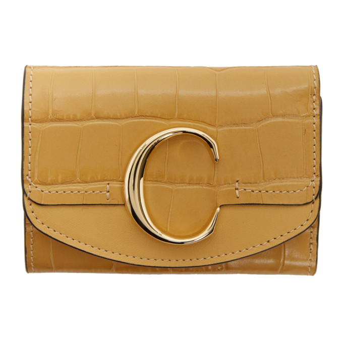 Chloé Yellow Croc Small ' C' Trifold Wallet In Honey Gold