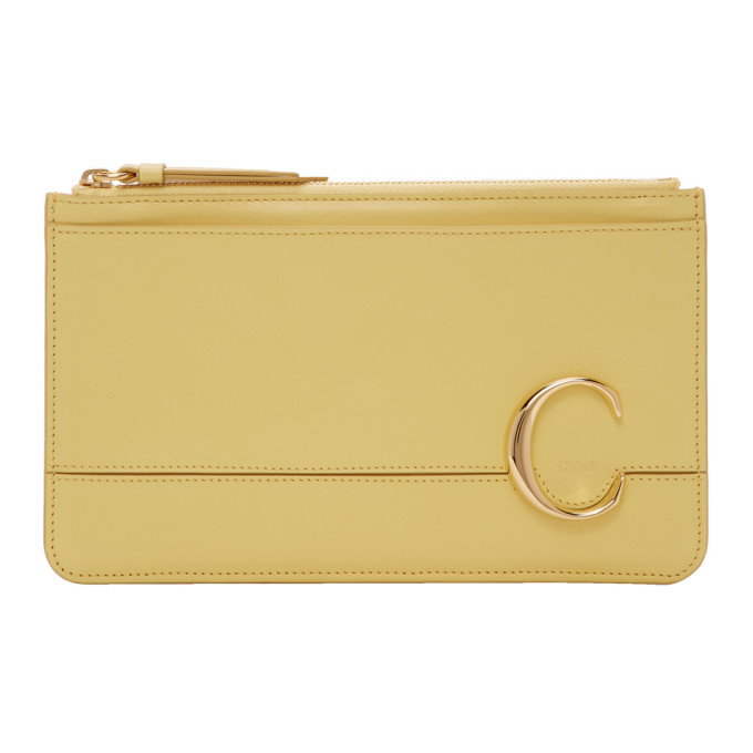 Chloé Yellow ' C' Pouch In Raffia Green