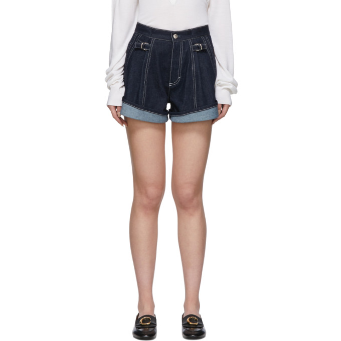 CHLOÉ CHLOE INDIGO RECYCLED DENIM CUFFED SHORTS