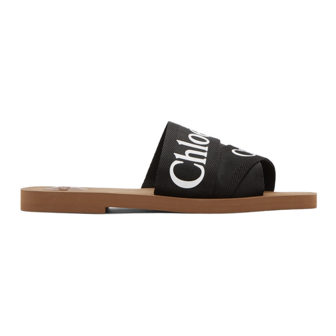 CHLOÉ CHLOE BLACK WOODY FLAT SANDALS