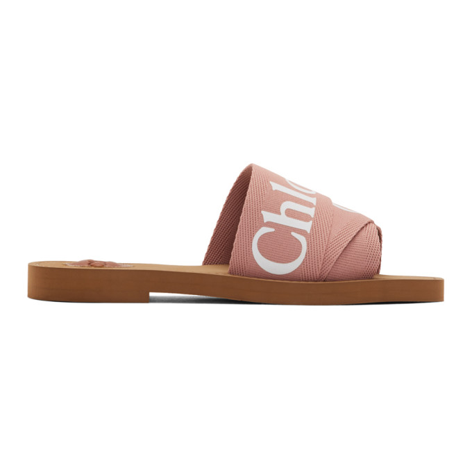 CHLOÉ CHLOE PINK WOODY LOGO SLIDES
