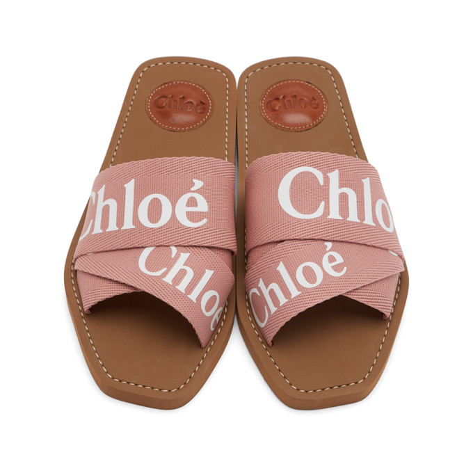 CHLOÉ CHLOE PINK WOODY LOGO SLIDES