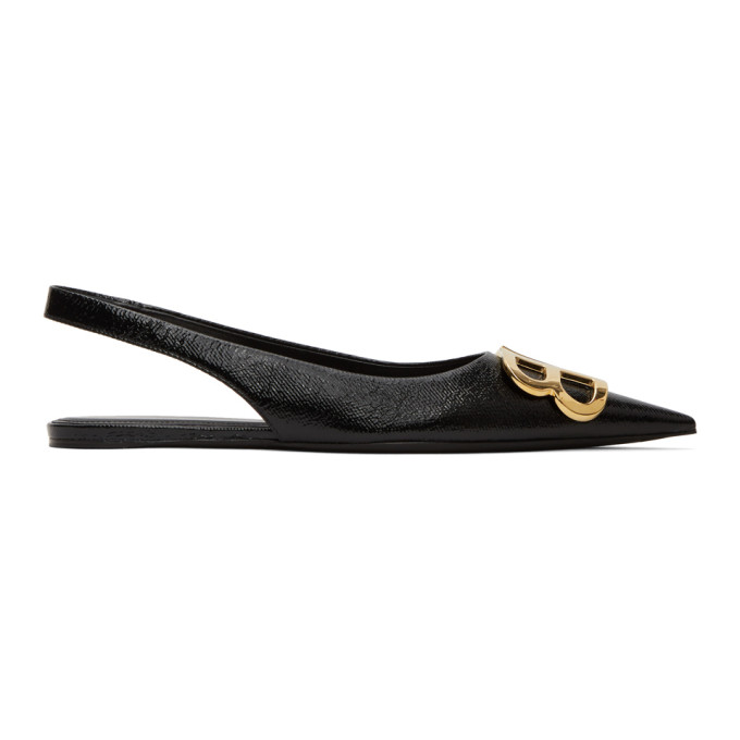 BALENCIAGA Black Coated BB Slingback Ballerina Flats