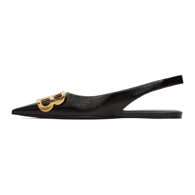 BALENCIAGA Black Coated BB Slingback Ballerina Flats