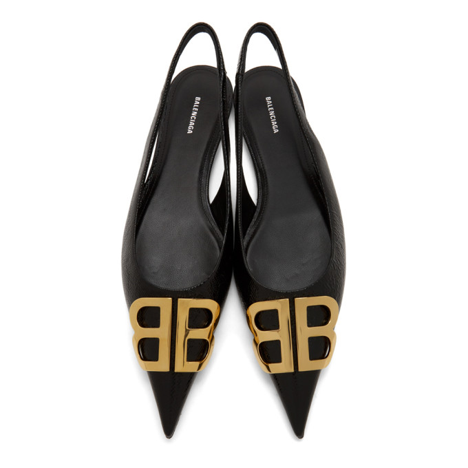BALENCIAGA Black Coated BB Slingback Ballerina Flats