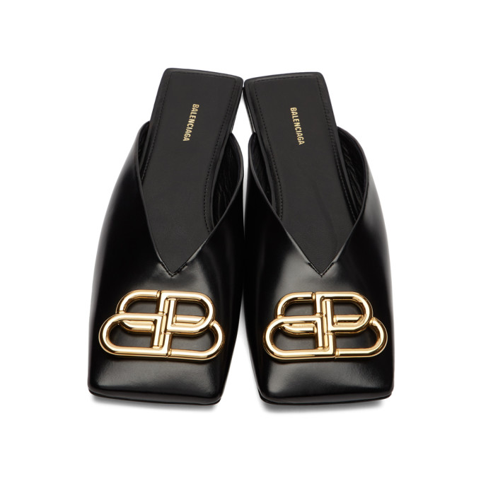 BALENCIAGA BLACK DOUBLE SQUARE BB FLAT MULES