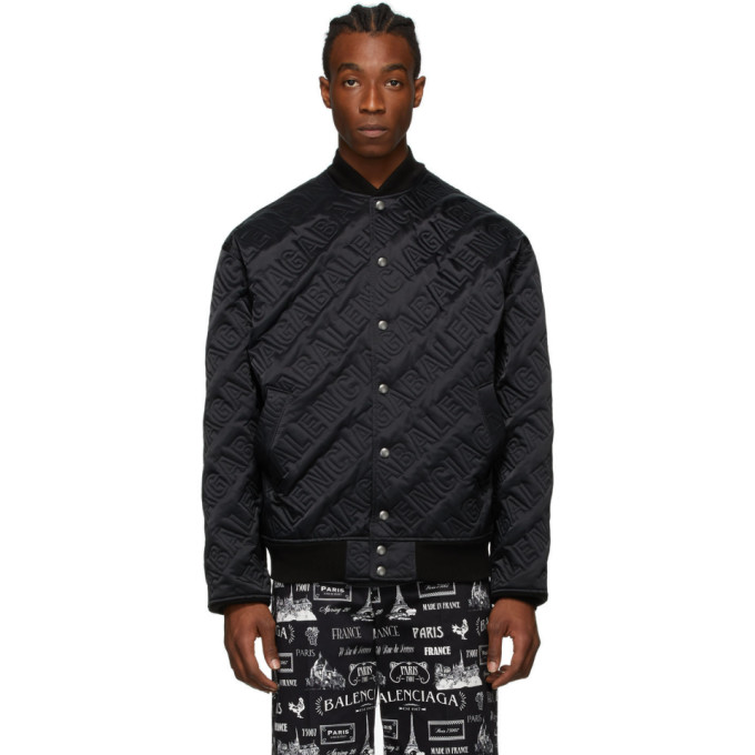 BALENCIAGA BALENCIAGA BLACK EMBROIDERED LOGO BOMBER JACKET