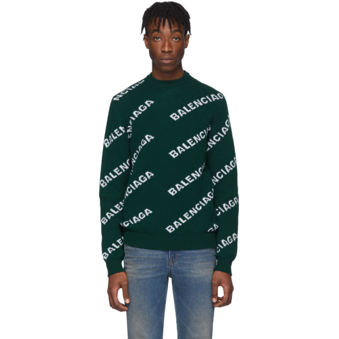 BALENCIAGA BALENCIAGA GREEN WOOL JACQUARD LOGO CREWNECK SWEATER