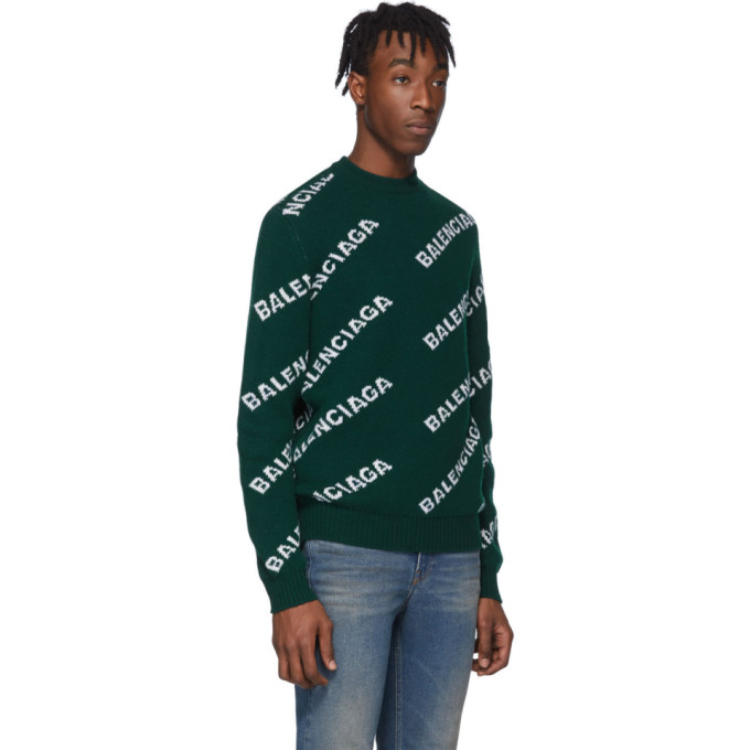 BALENCIAGA BALENCIAGA GREEN WOOL JACQUARD LOGO CREWNECK SWEATER