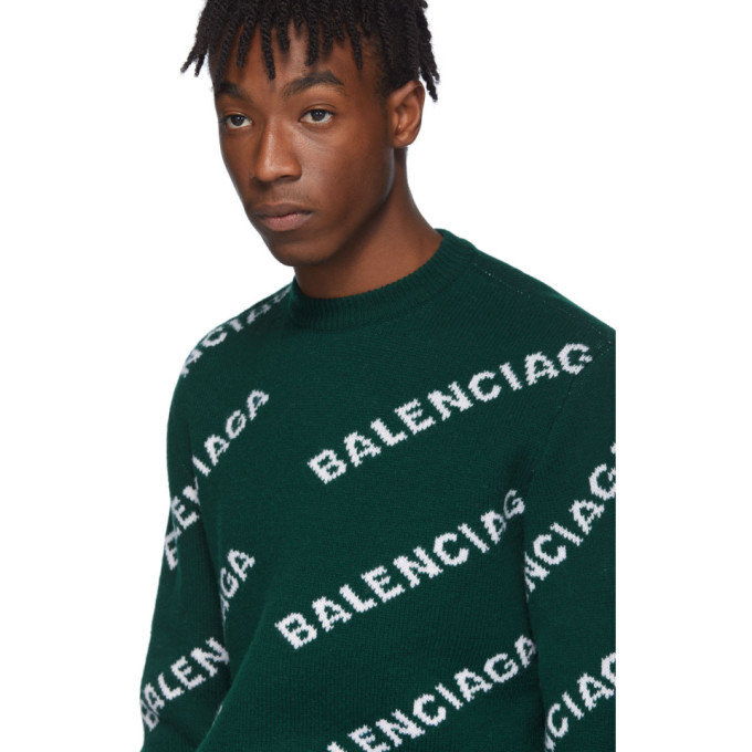 BALENCIAGA BALENCIAGA GREEN WOOL JACQUARD LOGO CREWNECK SWEATER