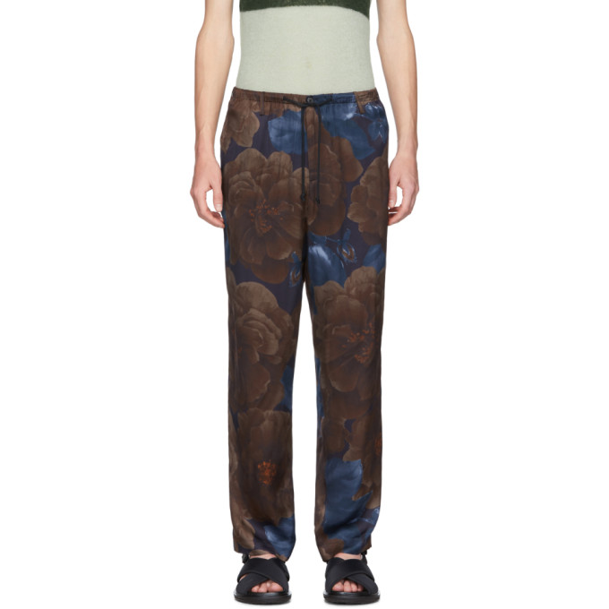 Dries Van Noten Navy And Brown Satin Floral Trousers