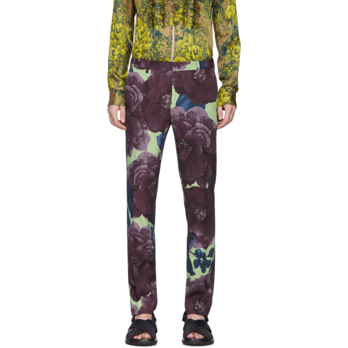 DRIES VAN NOTEN DRIES VAN NOTEN PURPLE AND GREEN WOOL FLORAL TROUSERS