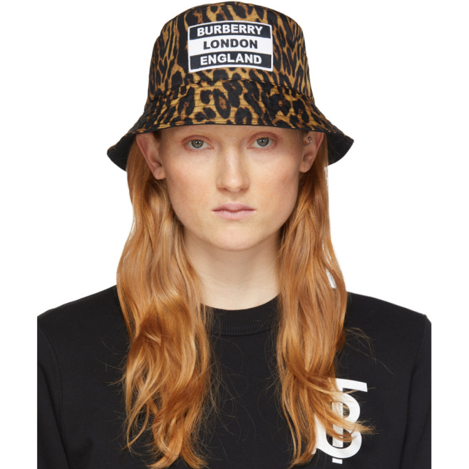 BURBERRY BURBERRY REVERSIBLE BLACK AND TAN LEOPARD PRINT BUCKET HAT