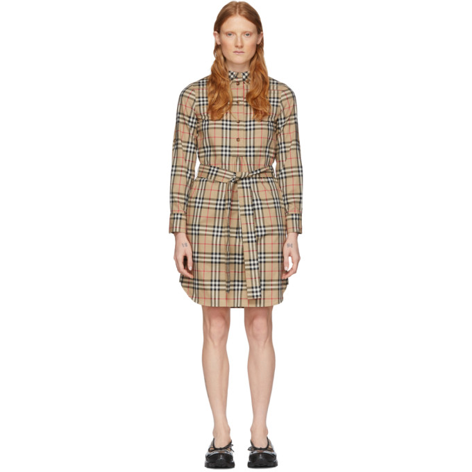 Click to view more detailed imagery on our partner's website Burberry + Net Sustain Belted Checked Cotton-blend Poplin Mini Shirt Dress In Archive Beige Ip Chk