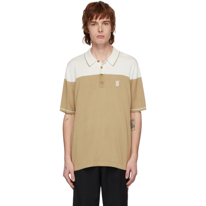 BURBERRY BURBERRY BEIGE AND OFF-WHITE SILK CASHMERE BRAYTON POLO