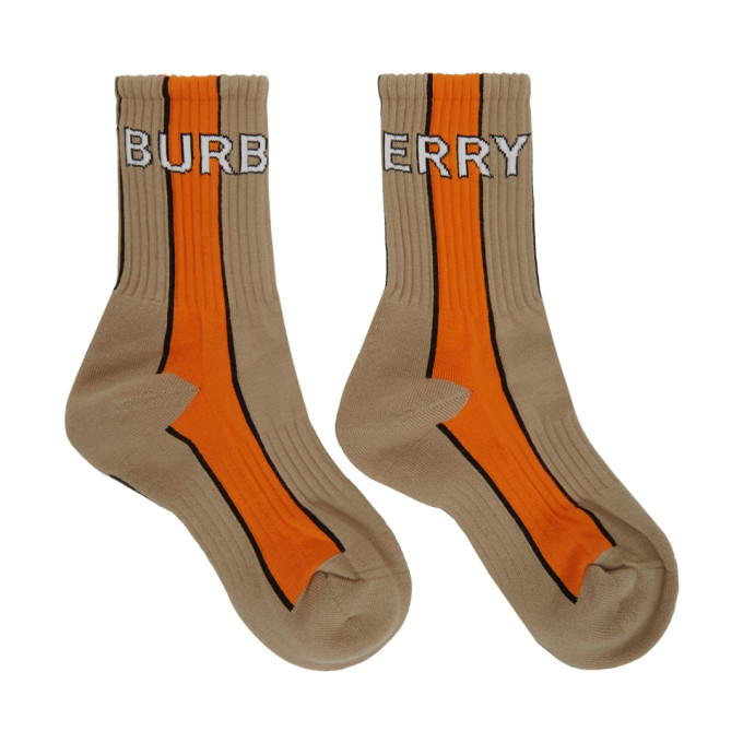Burberry Beige And Orange Striped Logo Socks In Soft Fawn