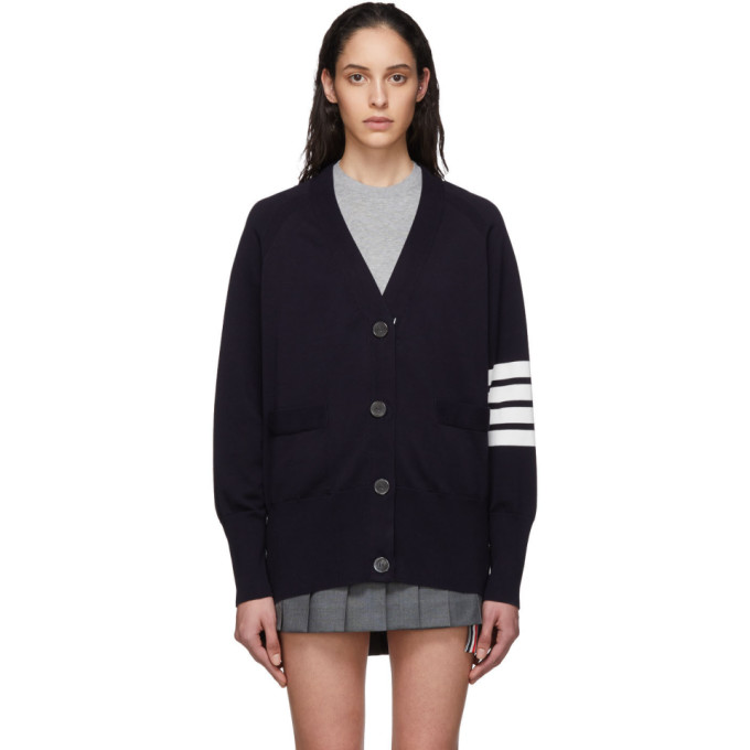 Thom Browne Navy Exaggerated Sleeve 4-bar Cardigan In 415 Navy