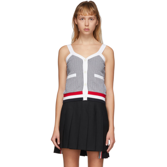 THOM BROWNE NAVY & WHITE SEERSUCKER V-NECK TANK TOP