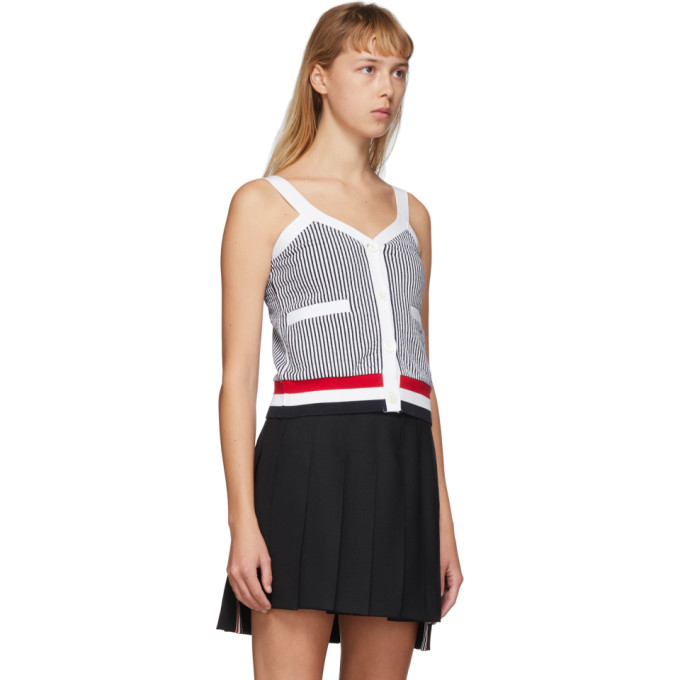 THOM BROWNE THOM BROWNE NAVY AND WHITE SEERSUCKER V-NECK TANK TOP