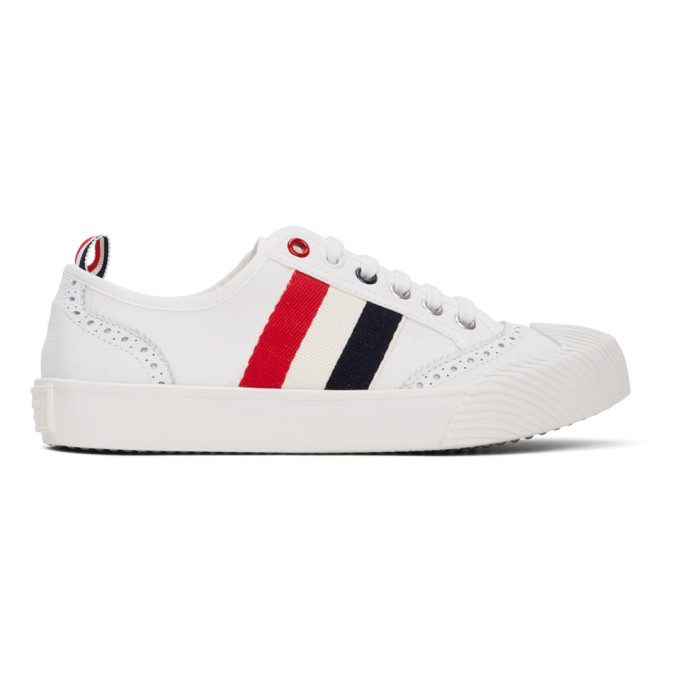 THOM BROWNE WHITE BROGUED CANVAS SNEAKERS