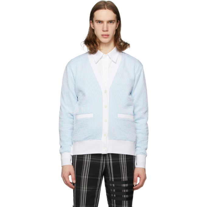 THOM BROWNE THOM BROWNE BLUE AND WHITE SEERSUCKER STRIPE CARDIGAN