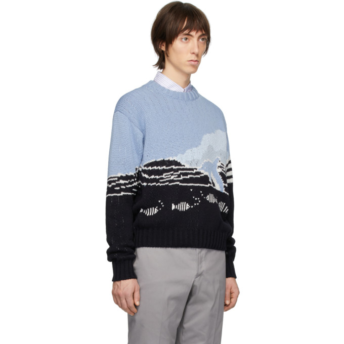 THOM BROWNE THOM BROWNE BLUE JACQUARD DOLPHIN SWEATER