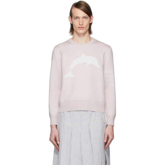 THOM BROWNE THOM BROWNE PINK DOLPHIN ICON 4-BAR CREWNECK SWEATER